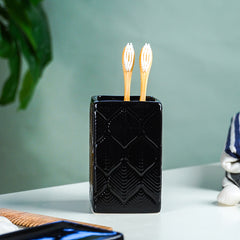 Black Glossy Ceramic Bathroom Set with Embossed Leaf Pattern Set of 3