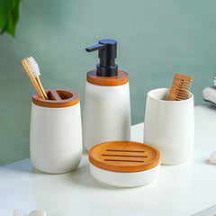Matte White Ceramic with Bamboo Bathroom Set – 4