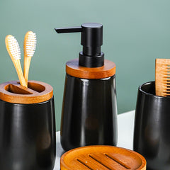 Black Ceramic with Bamboo Bathroom Set of 4