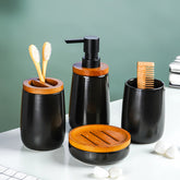 Black Ceramic with Bamboo Bathroom Set of 4
