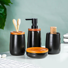 Black Ceramic with Bamboo Bathroom Set of 4