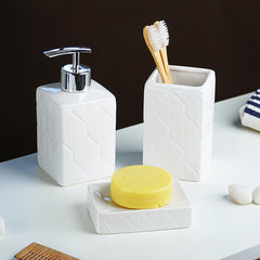 White Geometric Embossed Ceramic Bathroom Set of 3