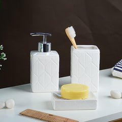 White Geometric Embossed Ceramic Bathroom Set of 3
