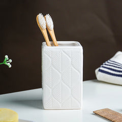 White Geometric Embossed Ceramic Bathroom Set of 3