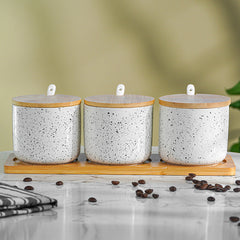 White Canister Set with Bamboo Lids and Tray - Set of 3