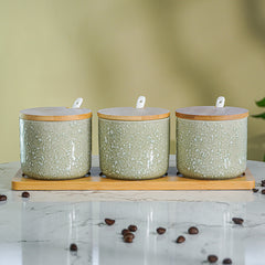 Green Textured Canister Set with Bamboo Lids and Tray Set of 3