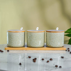 Green Textured Canister Set with Bamboo Lids and Tray Set of 3