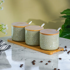 Green Textured Canister Set with Bamboo Lids and Tray Set of 3