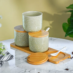 Green Textured Canister Set with Bamboo Lids and Tray Set of 3