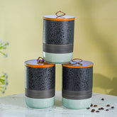 Speckled Black and Mint Ceramic Canister Set with Wooden Lids