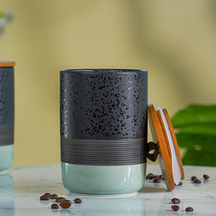 Speckled Black and Mint Ceramic Canister Set with Wooden Lids