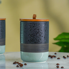 Speckled Black and Mint Ceramic Canister Set with Wooden Lids