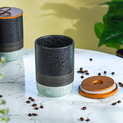 Speckled Black and Mint Ceramic Canister Set with Wooden Lids