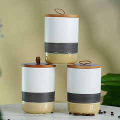 Three-Tone Ceramic Canister Set with Wooden Lids - Set of 3