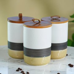 Three-Tone Ceramic Canister Set with Wooden Lids - Set of 3