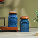 Blue Ceramic Storage Jar Set with Wooden Lid - Set of 2