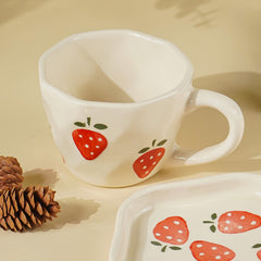Elegant White Ceramic Cup & Saucer Set with Strawberry Print