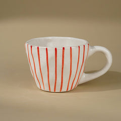 White Ceramic Cup with Hand-Painted Red Stripes