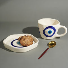 Blue Evil Eye Hand White Cup & Saucer Set