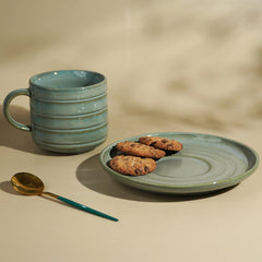 Green Ribbed Ceramic Cup and Saucer Set