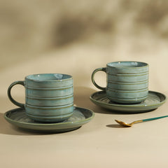 Green Ribbed Ceramic Cup and Saucer Set