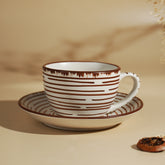 White Ceramic with Brown Spiral Cup and Saucer Set