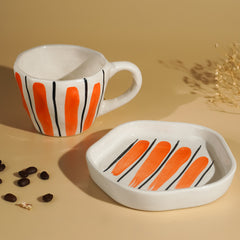 Orange Brushstroke Ceramic Cup and Saucer Set