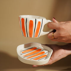 Orange Brushstroke Ceramic Cup and Saucer Set