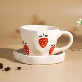Elegant White Ceramic Cup & Saucer Set with Strawberry Print