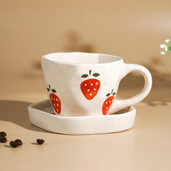 Elegant White Ceramic Cup & Saucer Set with Strawberry Print