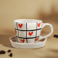 Red Heart and Grid Pattern Ceramic Cup and Saucer Set