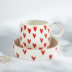 White with Red Heart Ceramic Mug and Plate Set
