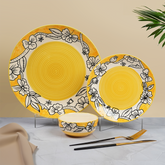 Yellow Ceramic Dinner Set with Black Floral Border - Set of 3