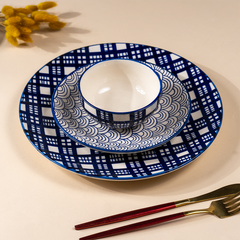 Blue and White Patterned Ceramic Dinner Set - Set of 3