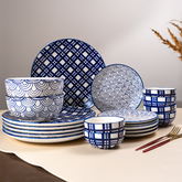 Blue and White Patterned Ceramic Dinner Set - Set of 20