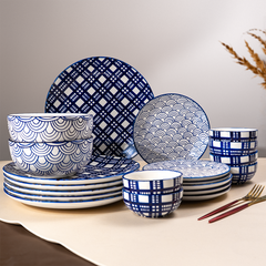 Blue and White Patterned Ceramic Dinner Set - Set of 20