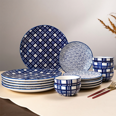 Blue and White Patterned Ceramic Dinner Set - Set of 18
