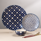 Blue and White Patterned Ceramic Dinner Set - Set of 3