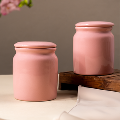 Glazed Pink Ceramic Canisters with Lids - Set of 2