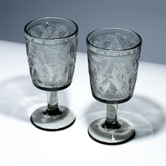 Smoky Black Palm Leaf Embossed Glass Goblet