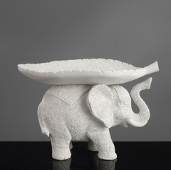 White Resin Elephant with Leaf Platter