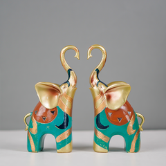 Gold and Teal Twin Elephant Figurines - Set of 2