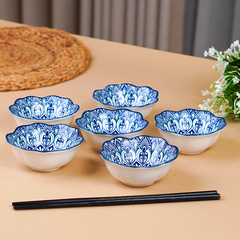 Blue Scallop-Edge Ceramic Bowls Set of 6