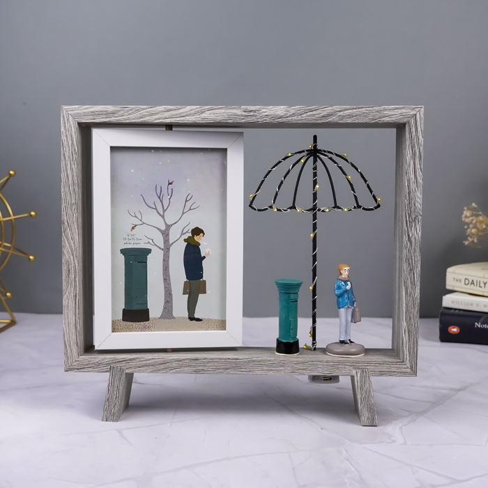 Gray Wooden Frame Shadow Box with Decorative Scene