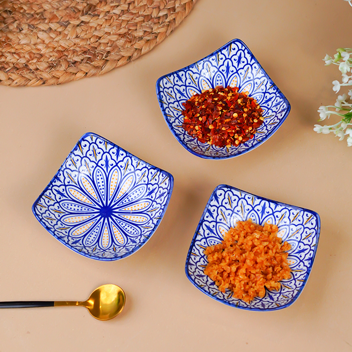 Blue & Yellow Petal-Design Square Ceramic Bowls Set of 3