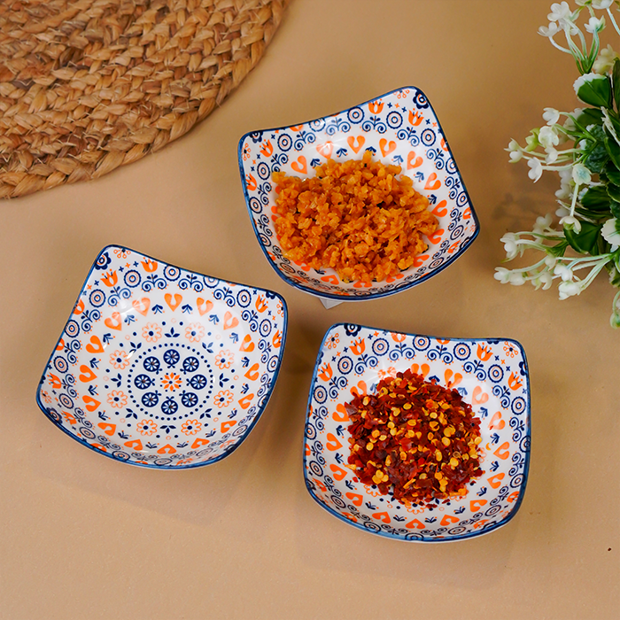 Orange & White Floral Square Ceramic Bowls Set of 3