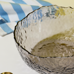 Smoky Gray Wavy Glass Bowl - Textured Design with Ruffled Edge