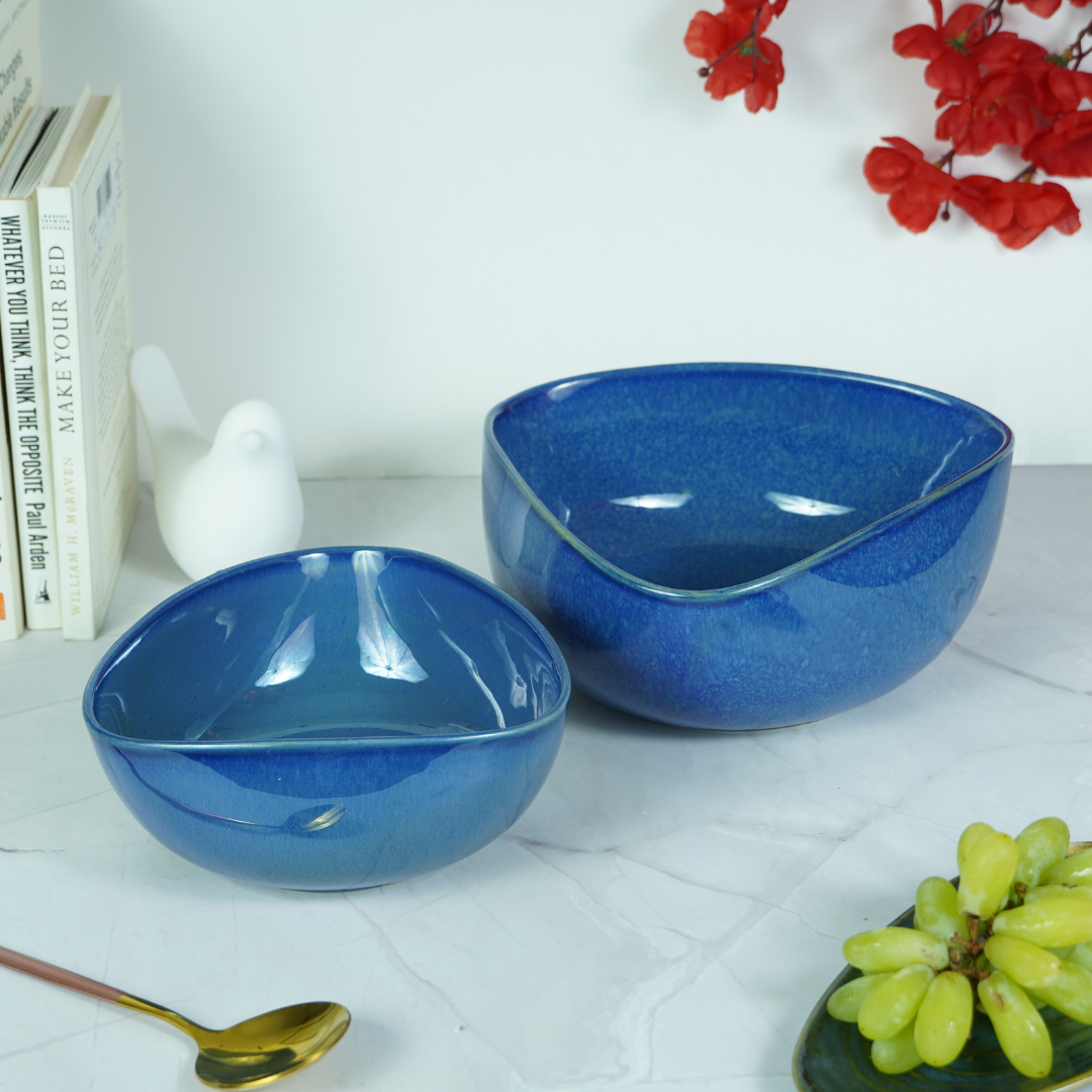 Glossy Blue Ceramic Triangle Serving Bowl | Set of 2