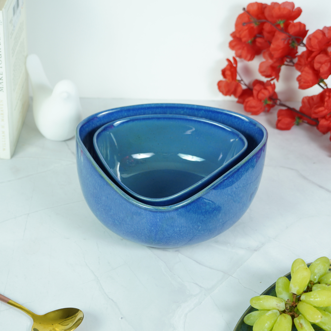 Glossy Blue Ceramic Triangle Serving Bowl | Set of 2