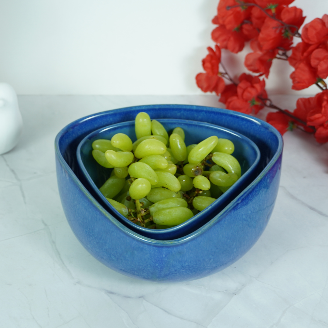 Glossy Blue Ceramic Triangle Serving Bowl | Set of 2